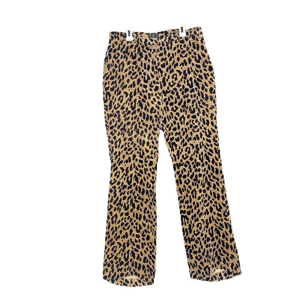 INC Womens Brown Leopard Animal Wide Leg Pants Size 4 Vtg Cotton Stair Step Gem